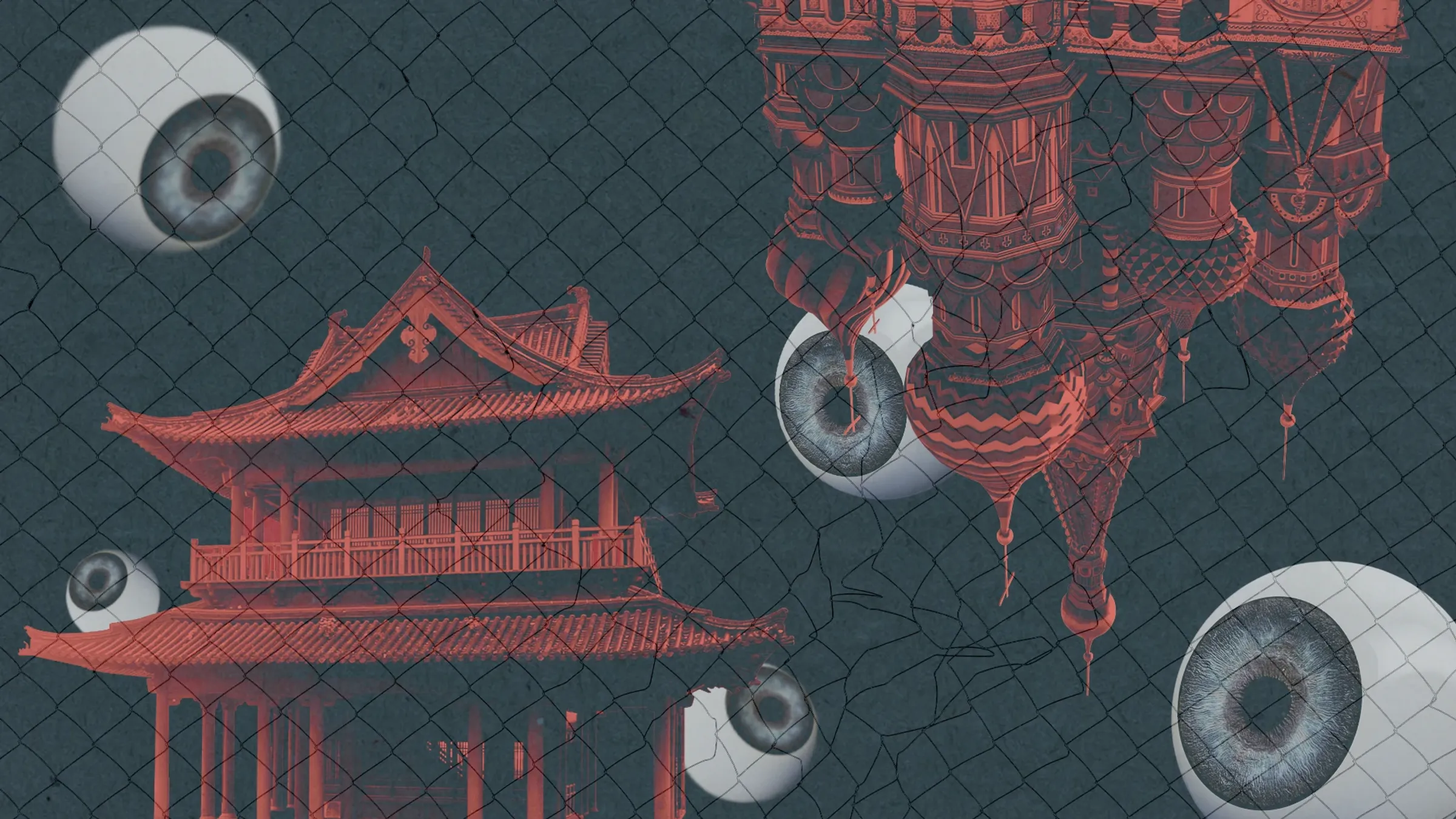 An artistic representation of red, Asian-inspired architectural elements, large eye symbols, and a web design in the background.