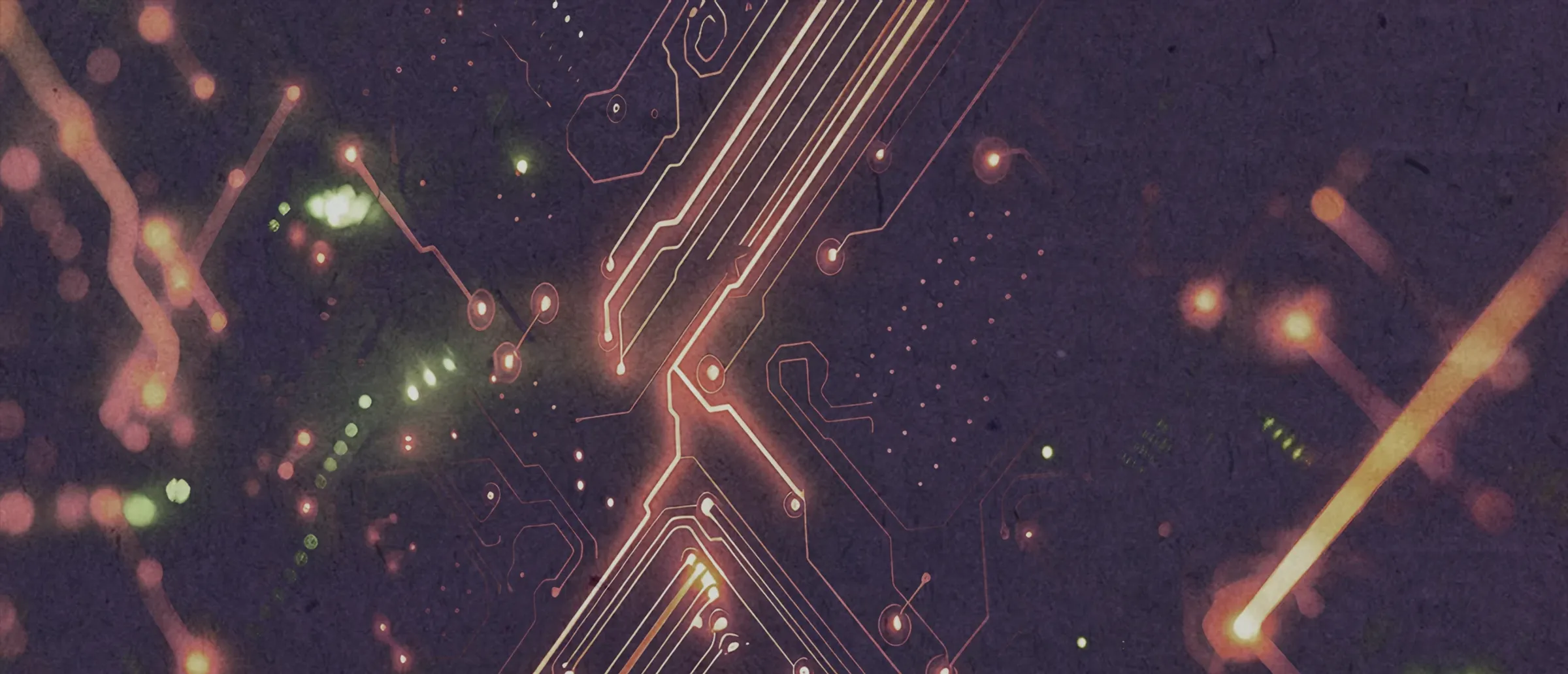 Abstract digital circuitry with lights and lines.