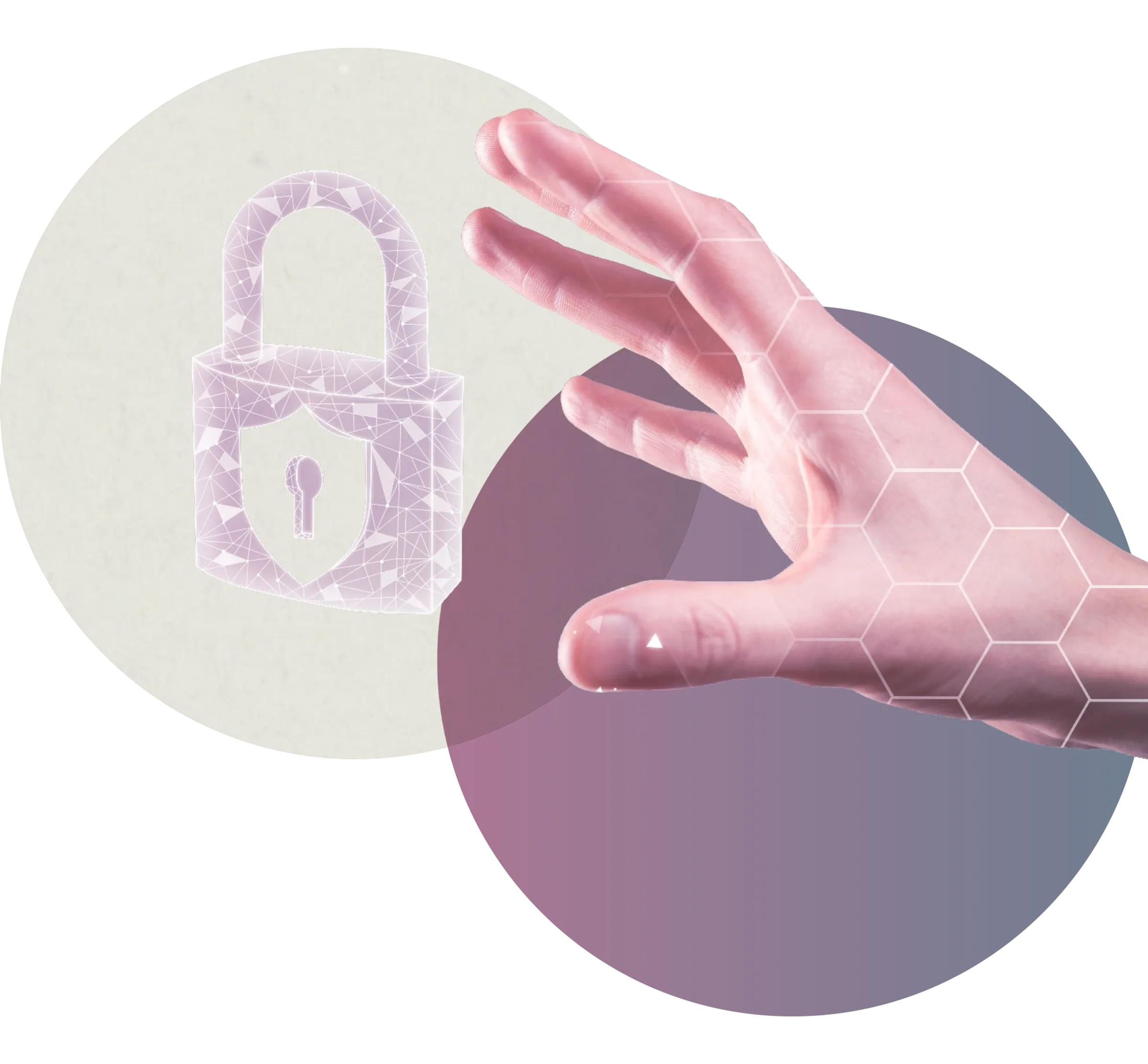 A hand reaching for a digital padlock surrounded by geometric shapes.