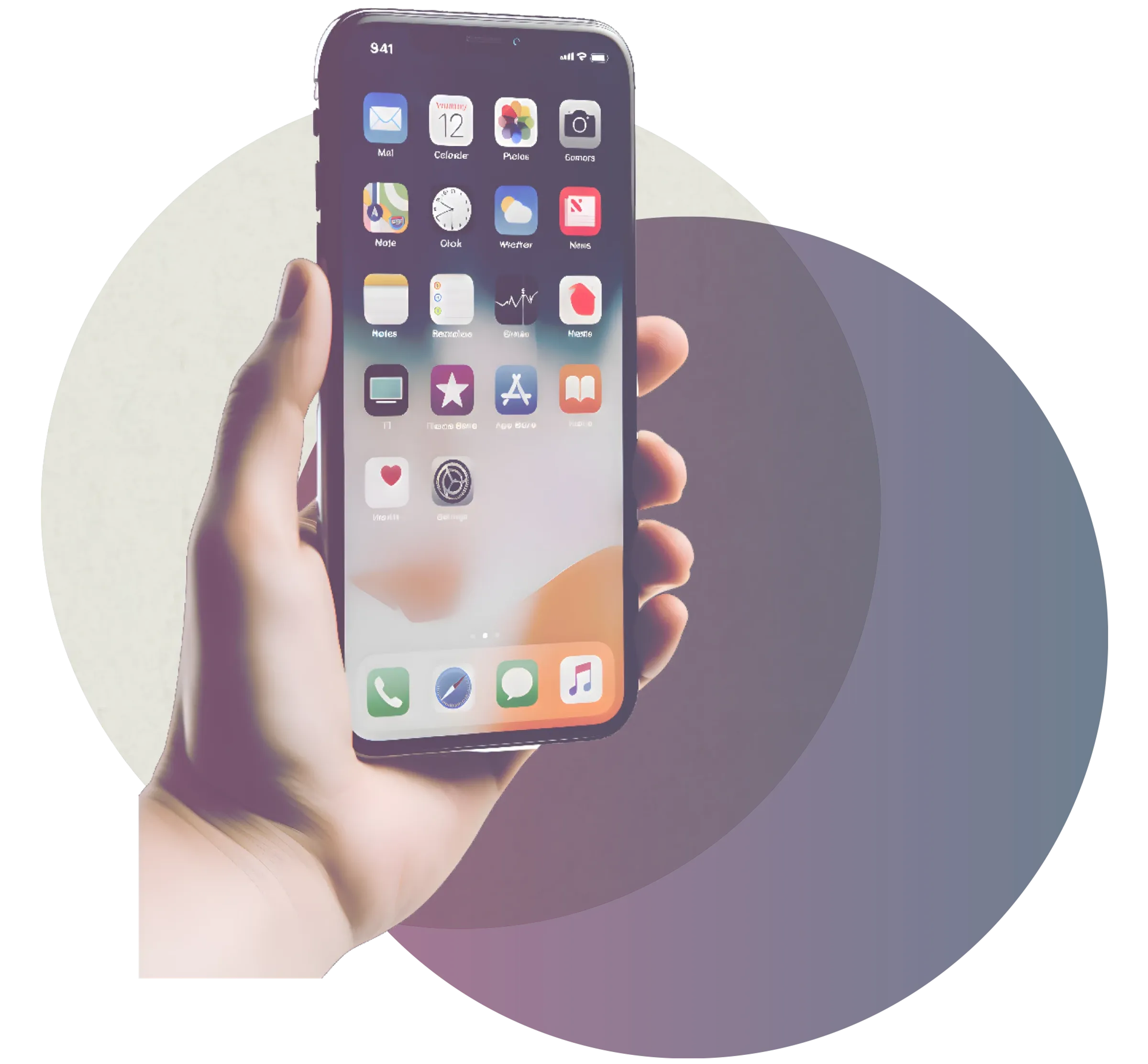 A smartphone in a hand with various apps on the screen.