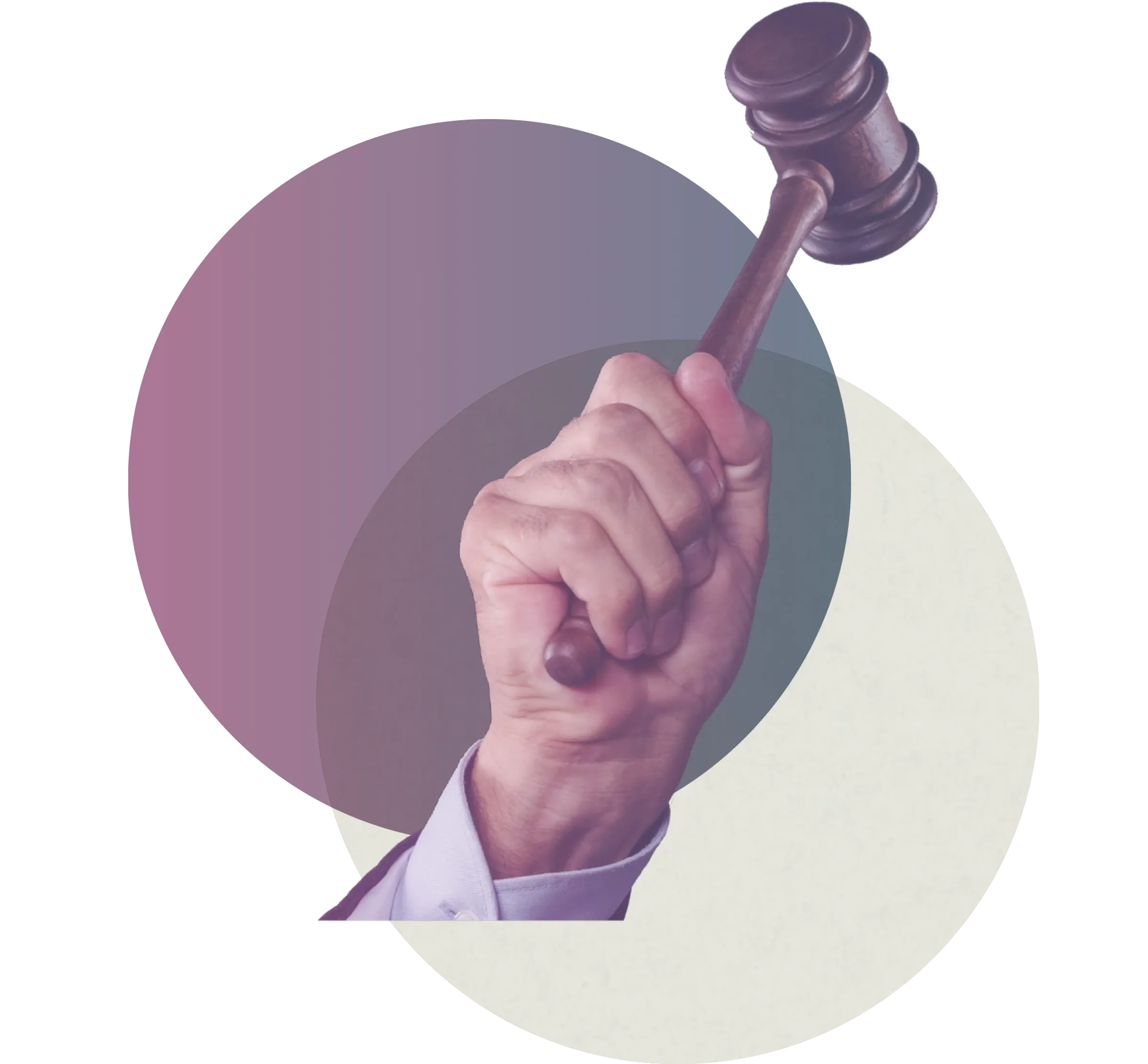 A raised judge's gavel in a hand surrounded by colorful circles.