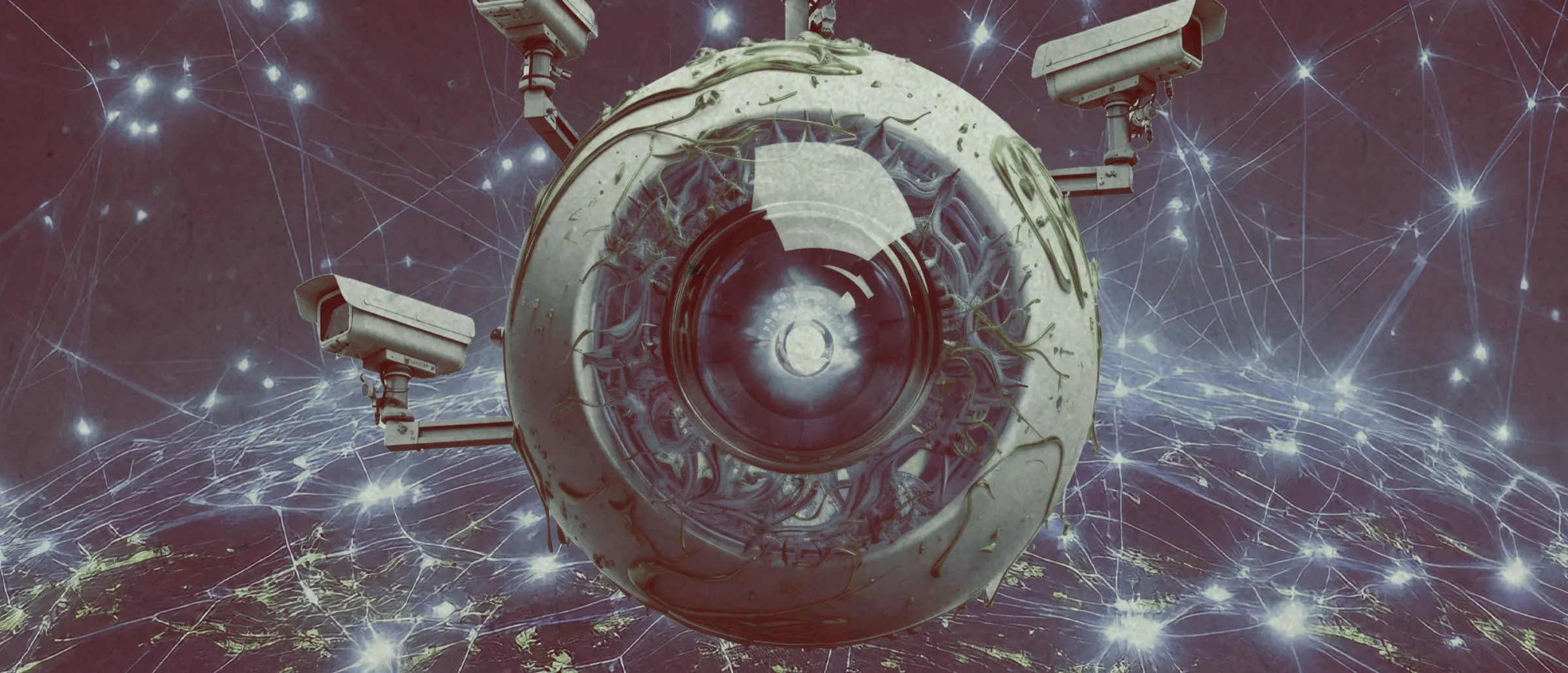 An artistic representation of an eye surrounded by surveillance cameras and a network of lights, possibly symbolizing digital surveillance.