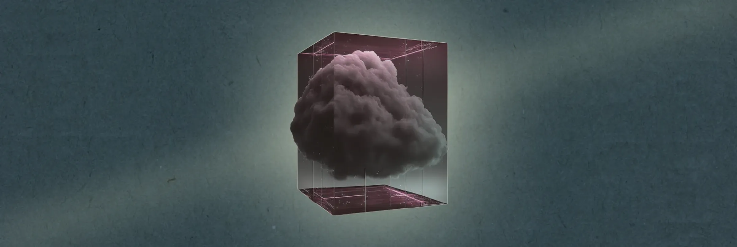 A stylized image of a cubic enclosure containing a cloud of stylized gray color within, on a dark background.